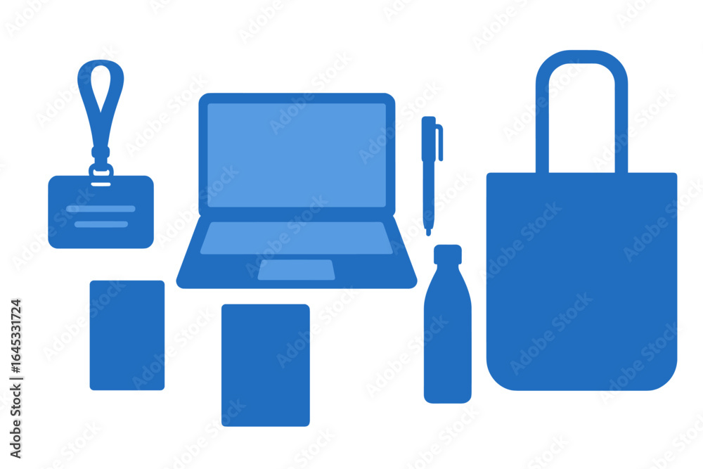 Fototapeta premium Office essentials including laptop, water bottle, and pad of sticky notes on a white background for work organization