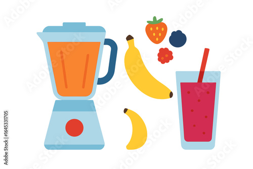 Smoothie preparation with fruits and blender at a colorful kitchen countertop