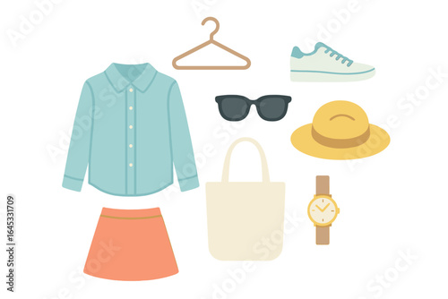 Casual summer outfit layout featuring stylish apparel and accessories for a warm day out