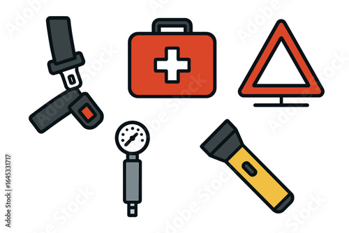 Essential safety items including first aid kit, flashlight, and warning triangle for emergencies