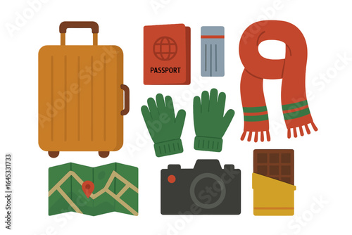 Travel essentials for winter adventures including suitcase, passport, map, and camera