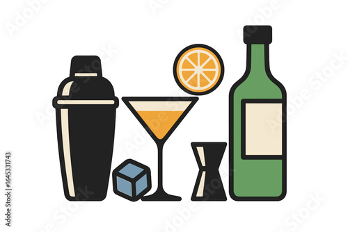 Cocktail preparation tools arranged with vibrant drink components on a clean background