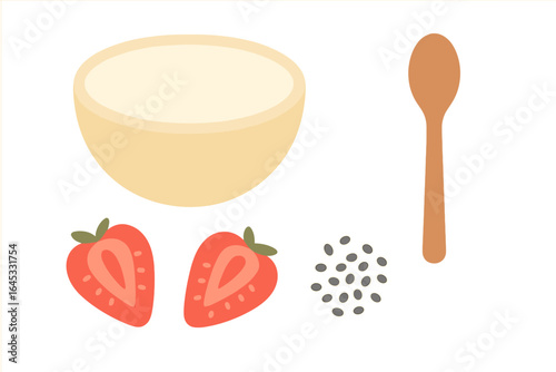 Delicious preparation of a fresh strawberry dessert with a bowl, spoon, and chia seeds