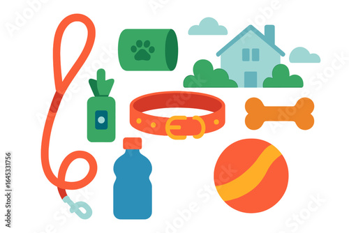 Essential pet care items laid out with a house and nature elements in a cheerful setting