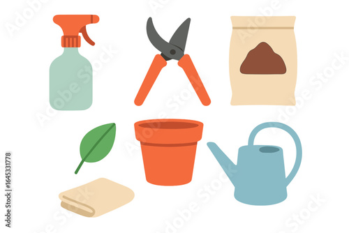 Gardening tools and supplies arranged on a clean background for home gardening enthusiasts