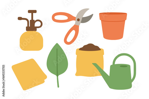 Gardening tools and supplies arranged in a flat lay design suitable for plant care and cultivation