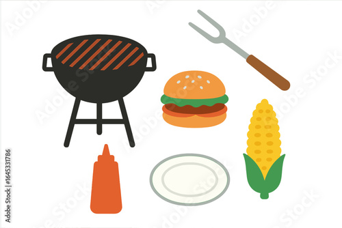 Grill setup for a summer barbecue featuring a hamburger, corn, and condiments