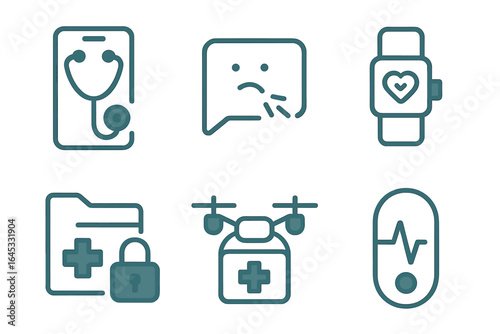 Medical technology icons representing health monitoring and communication in modern healthcare