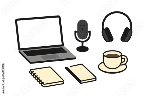 Creative workspace setup for podcasting featuring laptop, microphone, headphones, coffee cup, and notepads