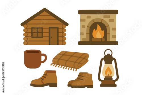 Cozy cabin atmosphere with warm fireplace, warm blanket, boots, cup, and lantern in a winter setting