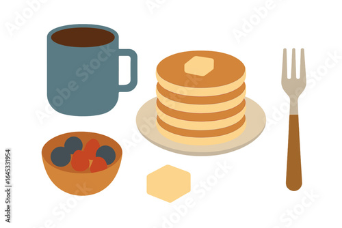 Delicious breakfast featuring pancakes, coffee, and fresh fruit served on a cozy morning table