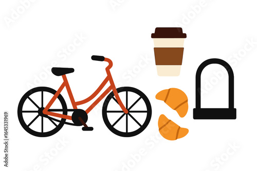 Bicycle with a coffee cup, croissants, and a lock displayed on a bright background