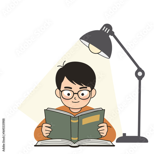 Cozy Reading Under Lamp: A young individual immersed in a book, illuminated by a lamp, highlighting the peaceful moments of reading and the allure of knowledge.