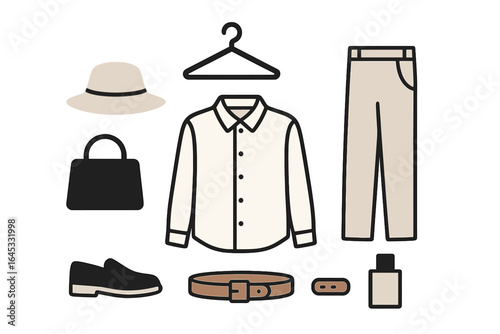 Casual outfit arrangement featuring neutral tones suitable for outdoor summer activities in a minimalistic style