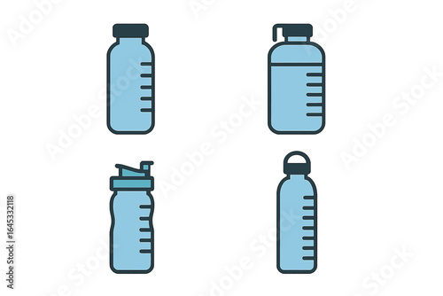 Variety of water bottles displayed in an organized layout with different designs and capacities for hydration needs
