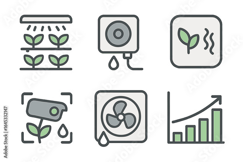 Illustrations of hydroponic gardening concepts with equipment and growth metrics