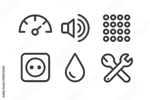 Icons representing various aspects of technology and daily life including sound, speed, and maintenance tools