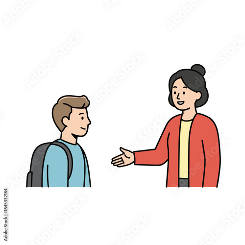 Friendly Greeting: A warm depiction of a student being greeted by a teacher, symbolizing education and interpersonal relationships.