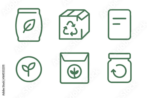 Green icons representing sustainable practices for packaging and recycling solutions