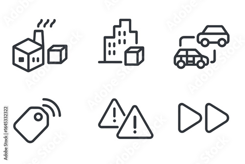 Icons representing urban development, transportation, and safety measures in industrial settings and smart city planning