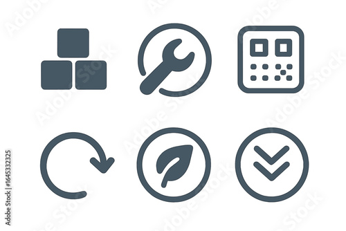 Icons representing various concepts of construction, tools, nature, and recycling in a minimalist style