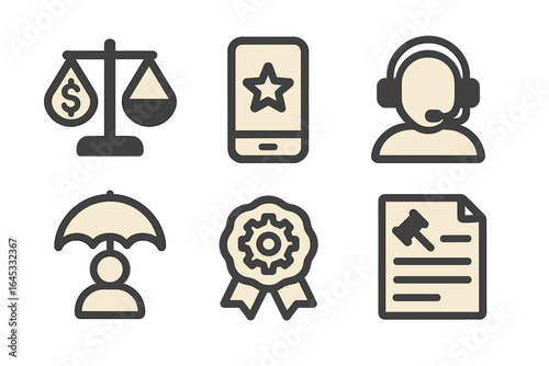 Understanding legal concepts through symbols like scales, mobile devices, and customer support icons