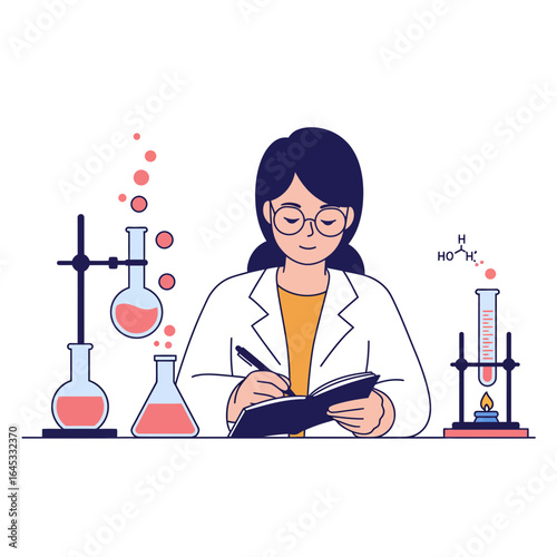 Scientist at Work: A female scientist in a lab coat diligently makes notes, surrounded by beakers and scientific apparatus, embodying knowledge and dedication in her research.
