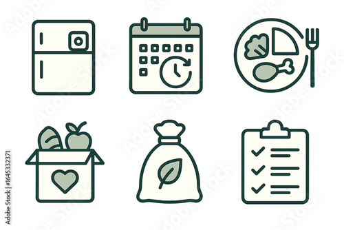 Food management and preparation icons for efficient meal planning and organization in a household setting