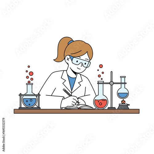 The Scientist's Discovery: In a bustling lab, a dedicated scientist, shielded by safety goggles, intently observes chemical reactions, meticulously recording her findings.