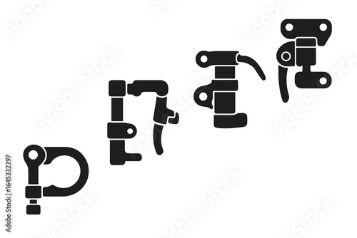 Different types of clamps displayed in a sequential arrangement highlighting their functional designs