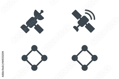 Spacecraft and satellite icons symbolize technology and communication in modern exploration or research
