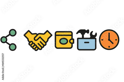 Collaboration and productivity icons representing teamwork, tools, and time management in a modern work environment