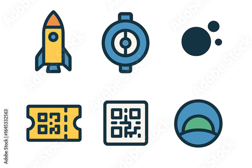 Colorful digital icons representing technology, navigation, and ticketing concepts in a modern design style