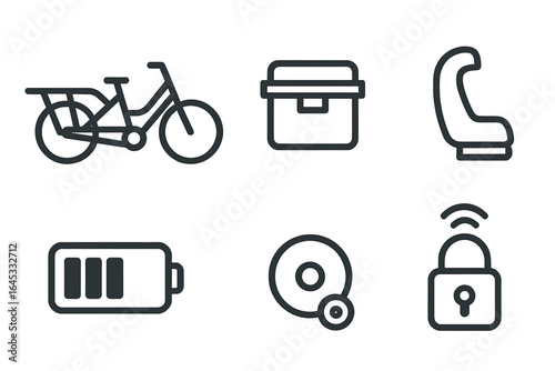 Bicycle icons representing various components and features commonly associated with cycling activities and safety measures