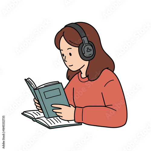 Immersive Reader: A young individual is engrossed in a book and headphones, symbolizing the fusion of reading with auditory engagement.