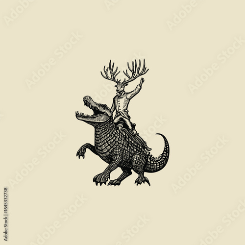 A surreal engraving logo depicting a gentleman with antlers riding a mighty crocodile