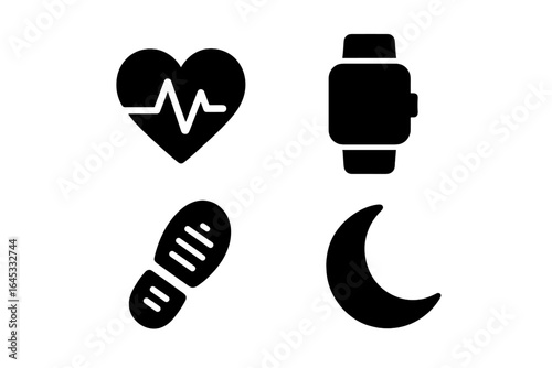 Health and fitness icons representing heart rate, smart watch, footwear, and moon phase for wellness activities and tracking