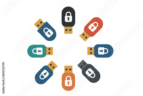 USB drives arranged in a circular pattern, symbolizing data security and privacy protection in digital storage