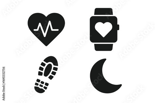 Health and fitness symbols showcasing heart rate, smartwatch, running shoe, and moon for wellness tracking