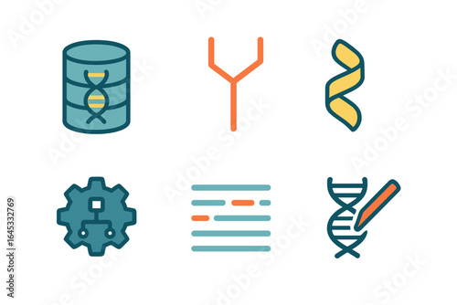 Symbols representing genetic technology and data analysis in a modern graphic design layout