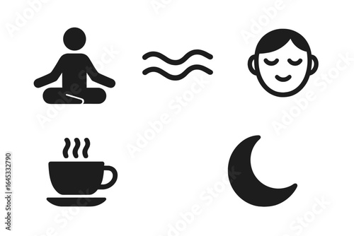 Meditation and relaxation symbols displayed, featuring a person meditating and elements of serenity at night
