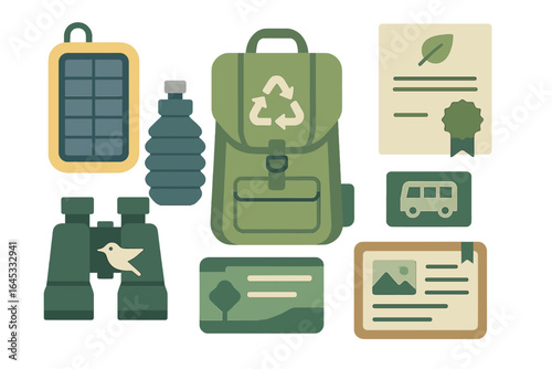 Exploring nature with eco-friendly gear including a solar charger, water bottle, binoculars, and a backpack