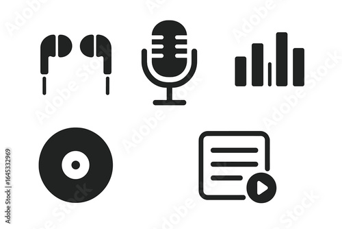 Music production elements including headphones, microphone, sound waves, vinyl record, and playlist outline
