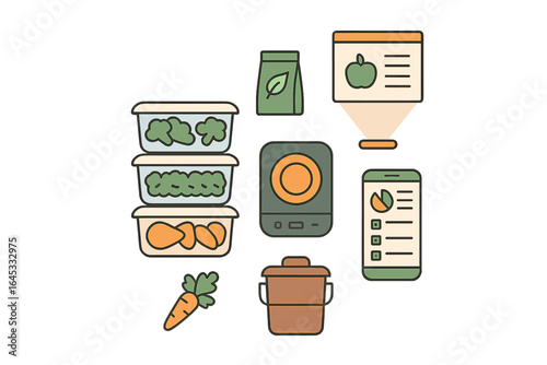 Meal prep essentials showcased with ingredients, kitchen tools, and a recipe list for healthy eating