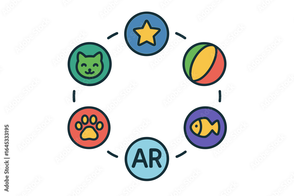 Interactive augmented reality elements featuring animals, toys, and symbols in a circular layout for playful engagement Interactive augmented reality elements featuring animals, toys, and symbols in a circular layout for playful engagement