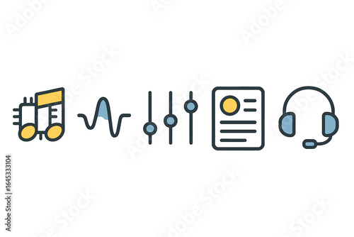Music and audio production elements for creative projects in a modern setting