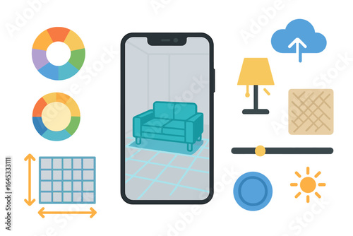 Virtual interior design concept featuring a teal couch with design tools and elements in a modern space