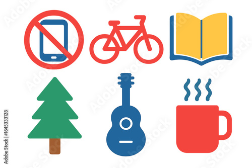 Icons representing a digital detox theme with activities like reading, cycling, and enjoying nature in a relaxing setting