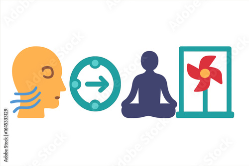 Mindfulness and meditation concepts illustrated with simple icons for relaxation techniques