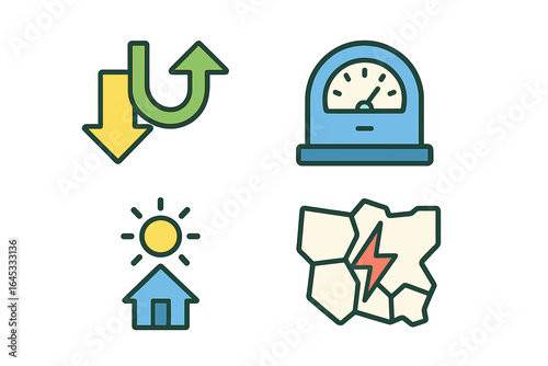 Symbols representing various concepts including energy efficiency, weather, home, and power outage